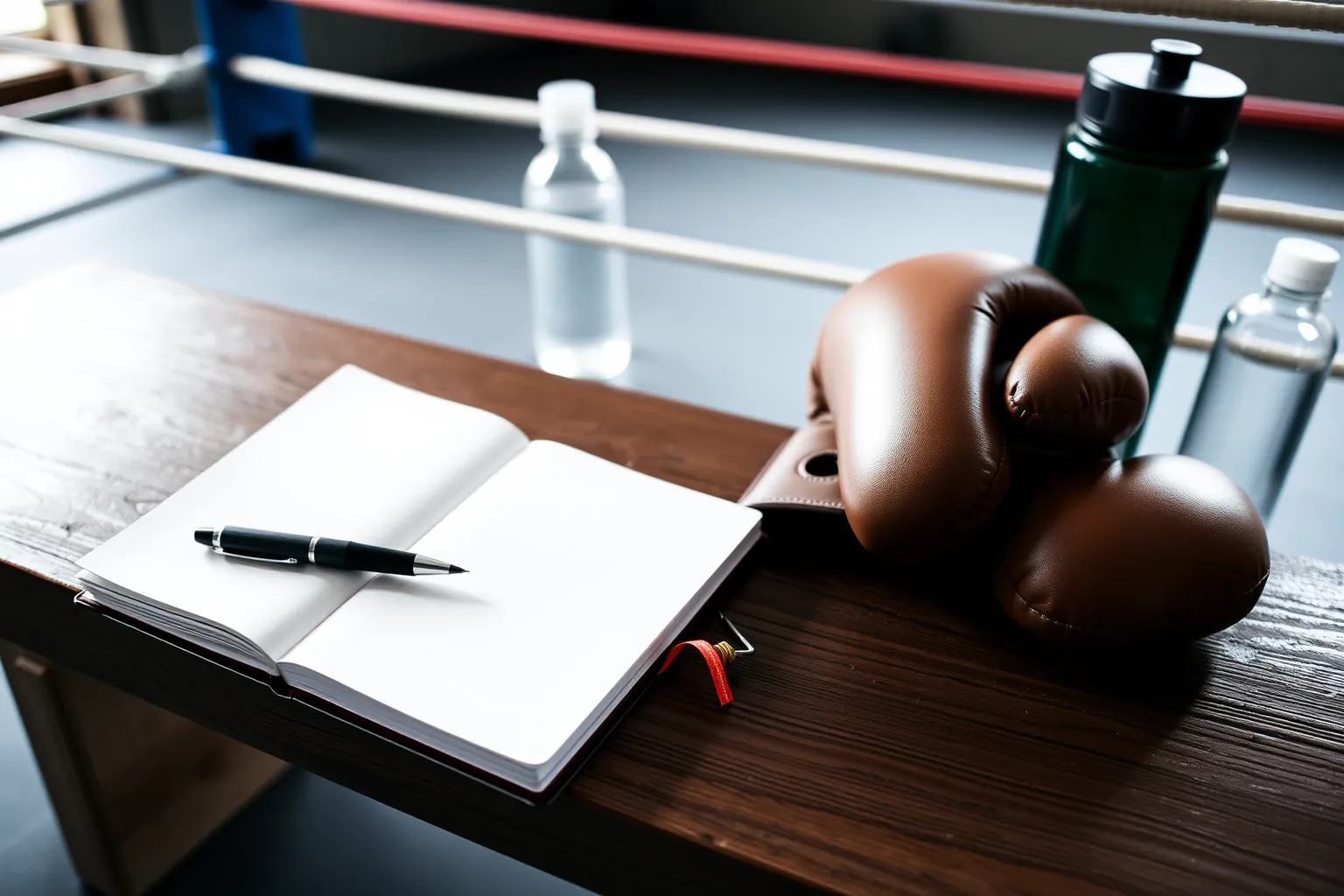 Un carnet d'entraînement ouvert et un crayon, posés à côté d'une paire de gants de boxe, au bord du ring.