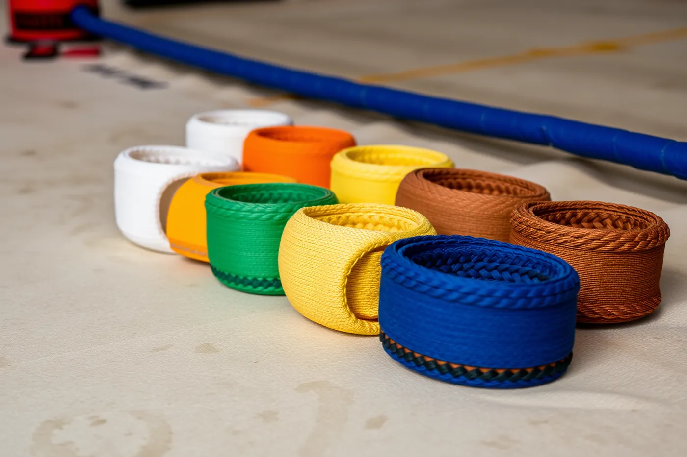 Des prajeet de plusieurs couleurs, brassards tressés, posés côte à côte sur le tapis du ring.
