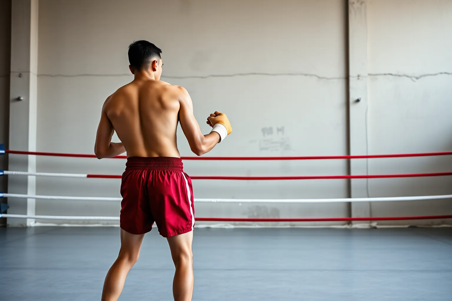 Un nak muay vu de dos, poings bandés, en garde au milieu du ring.
