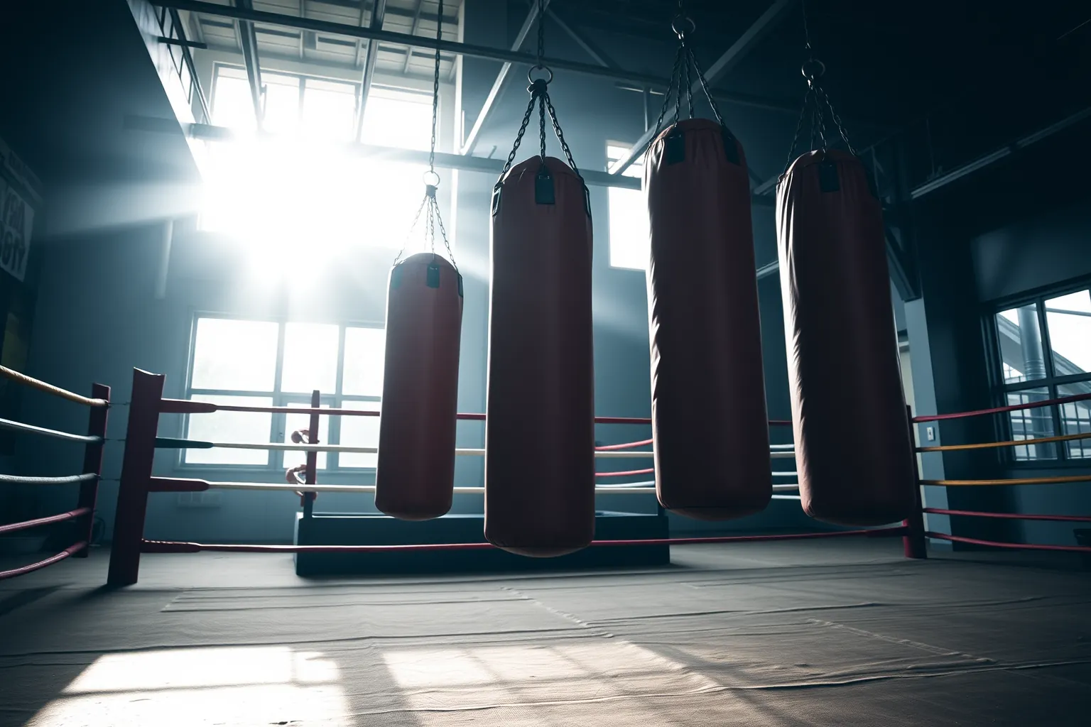Une salle d'entraînement de muay-thaï vide au petit matin, le ring au fond et les sacs de frappe suspendus.