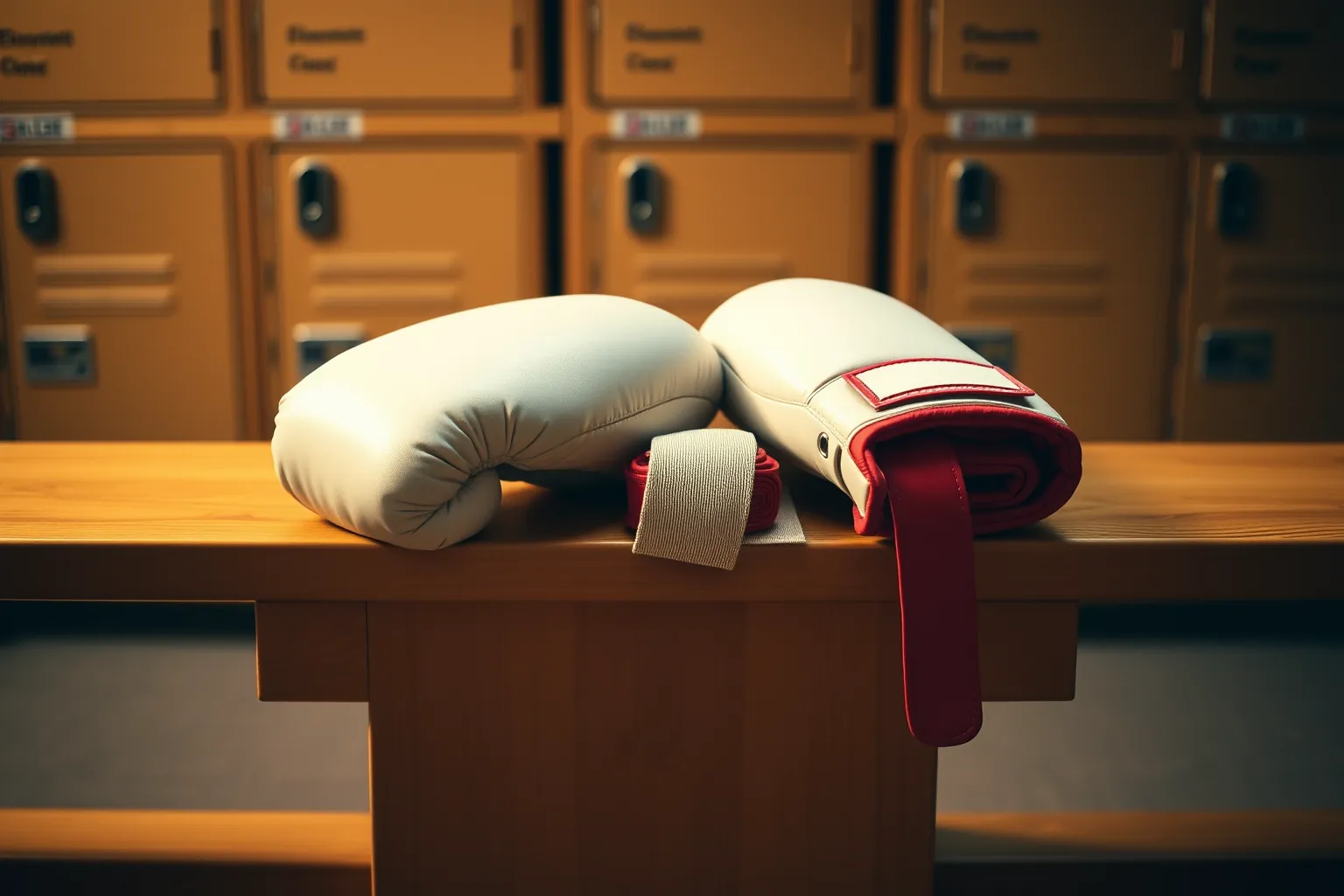 Des gants de boxe et une bande enroulée, posés sur un banc de vestiaire.